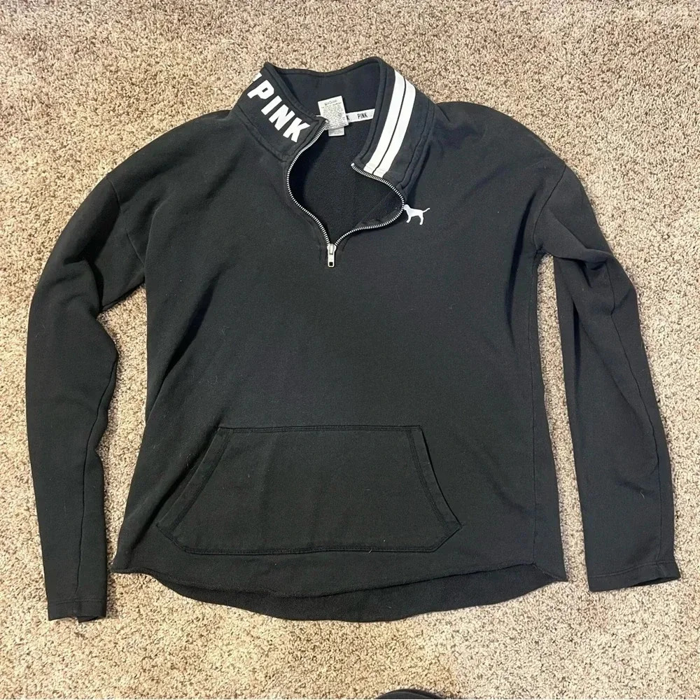 VICTORIAS SECRET PINK‎ PERFECT QUARTER BLACK ZIP SWEATER JACKET SZ MED LOGO Y2K